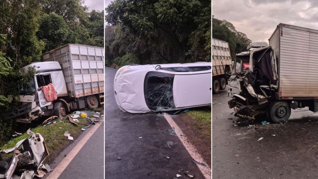 Colisão entre dois caminhões e carro termina com capotamento e deixa motorista gravemente ferido na PRC-280