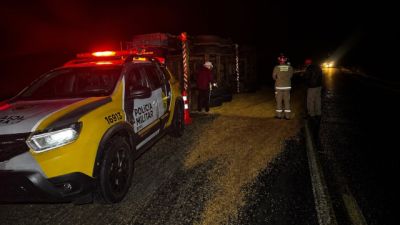 Imagem referente à notícia: Caminhão carregado com milho tomba na PR-475 e deixa trânsito em meia pista entre Verê e Francisco Beltrão