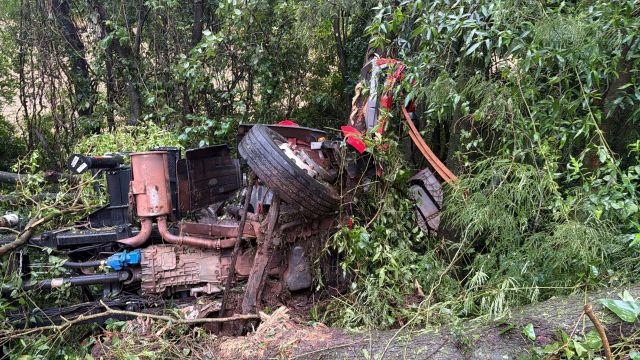 Motorista morre após caminhão Munck sair da pista e atingir árvores na PR-182, em Ampére