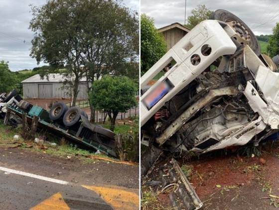 Caminhão com produtos corrosivos tomba na PR-562 e motorista não resiste